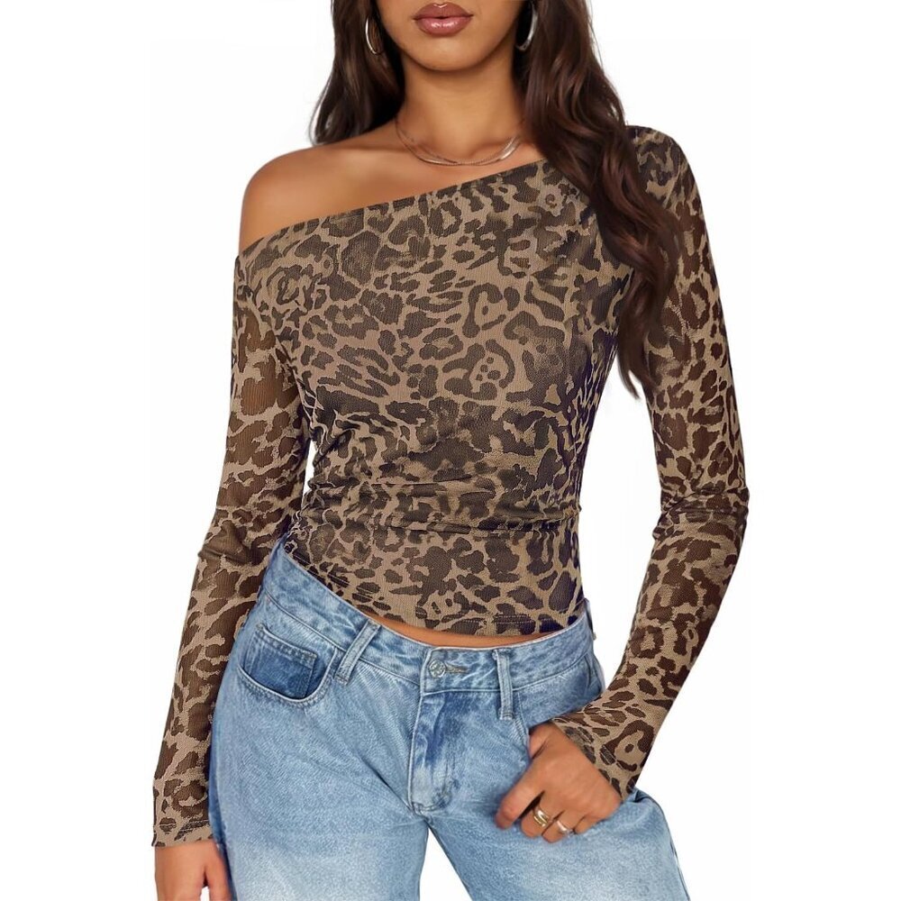 Women's Floral Off Shoulder Long Sleeve Mesh Top Fitted Trendy Blouses